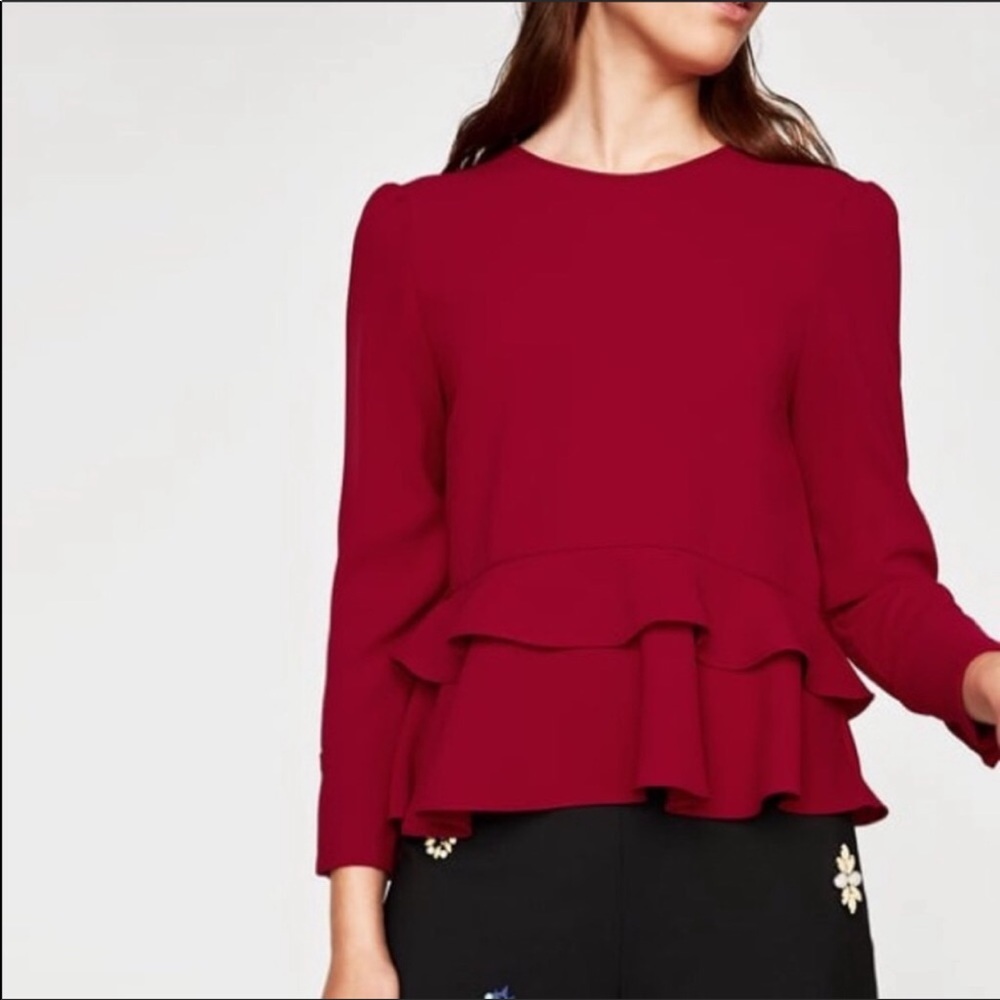 Zara Wine Red Frilled Ruffle Peplum Top